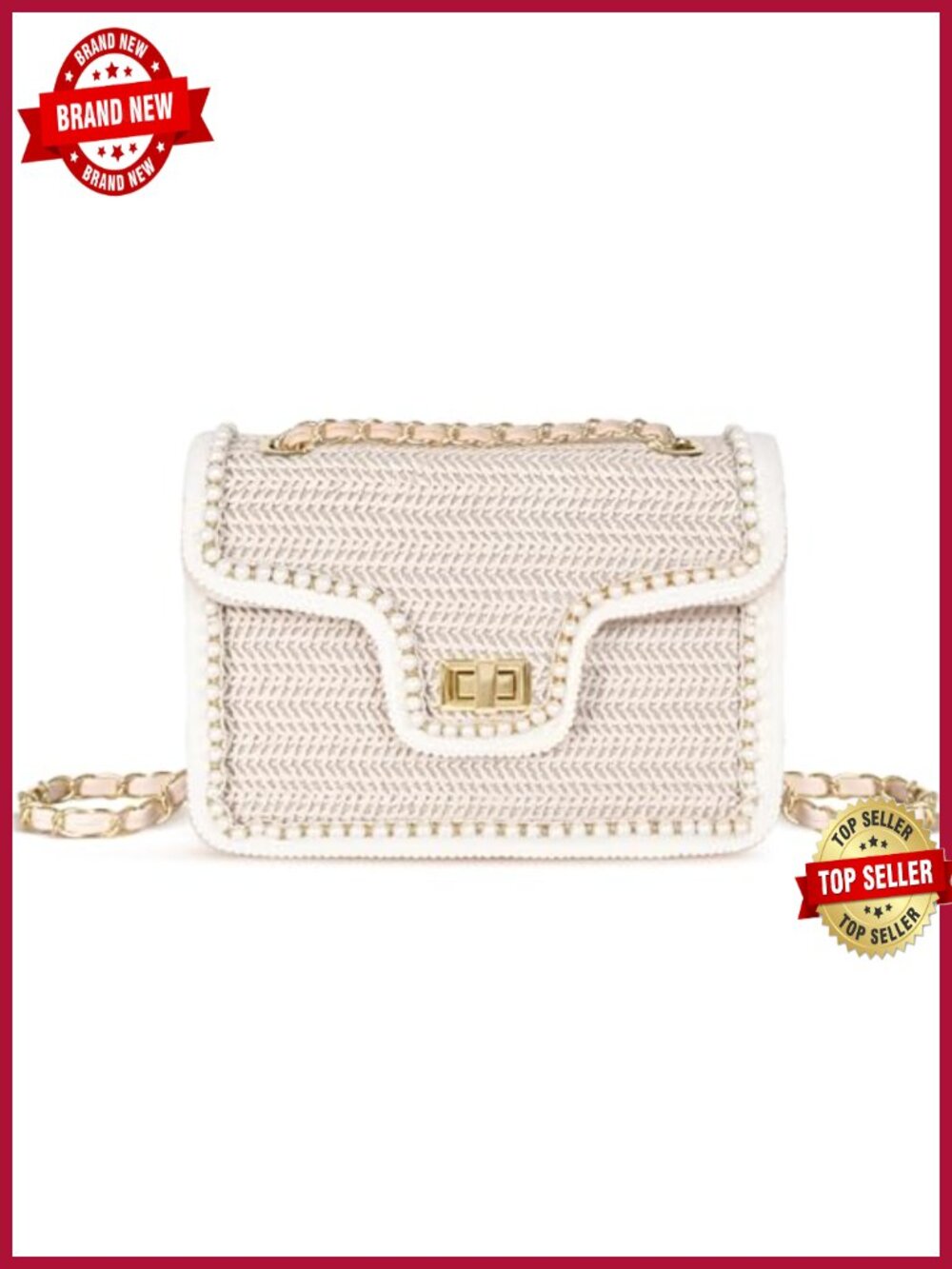 Straw Crossbody Bag with Pearls, Shoulder Handbag Summer Raffia Clutch